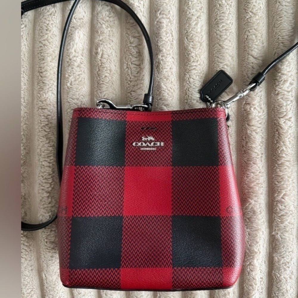 Coach Mini Town Bucket Bag Red Black‎ Buffalo Plaid Crossbody C7269